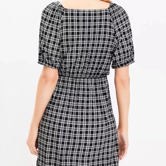 Loft Black White Plaid Dress Women's Size XS Puff Sleeve Faux Wrap Fit & Flare - Picture 12 of 12